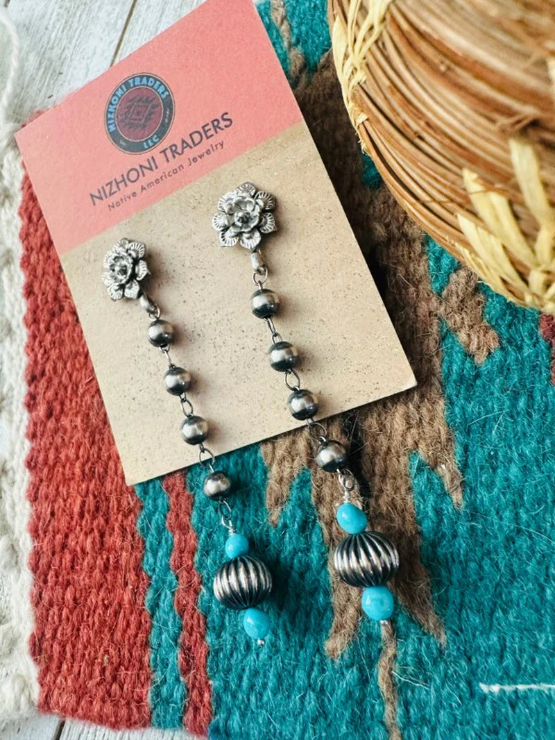 Navajo Turquoise & Sterling Silver Beaded Flower D