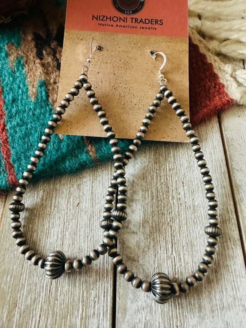 Navajo Sterling Silver Pearl Beaded Hoop Earrings