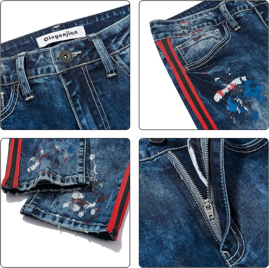 Jeans for Men Skinny Jeans Men Ripped Distressed Denim Jeans Destroyed Slim Fit Jeans Elastic Cool Denim Pants Blue Red