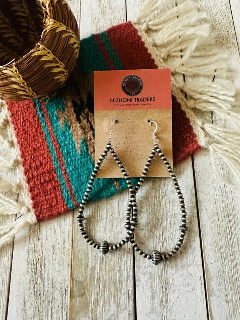 Navajo Sterling Silver Pearl Beaded Hoop Earrings