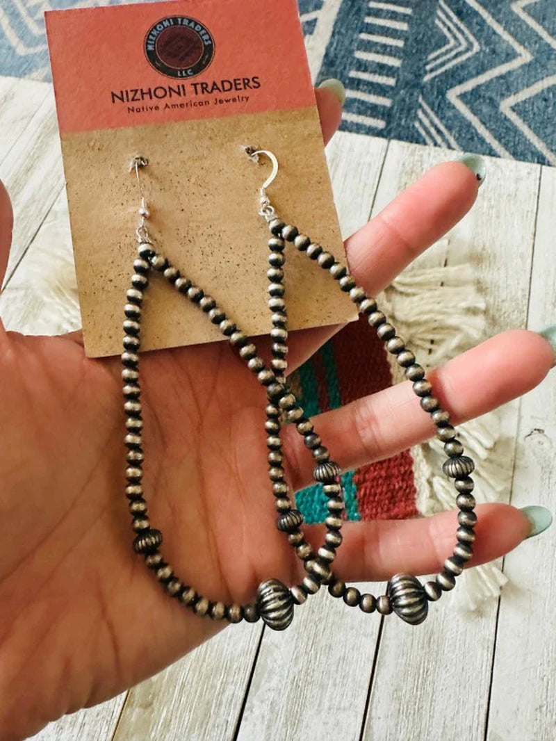 Navajo Sterling Silver Pearl Beaded Hoop Earrings