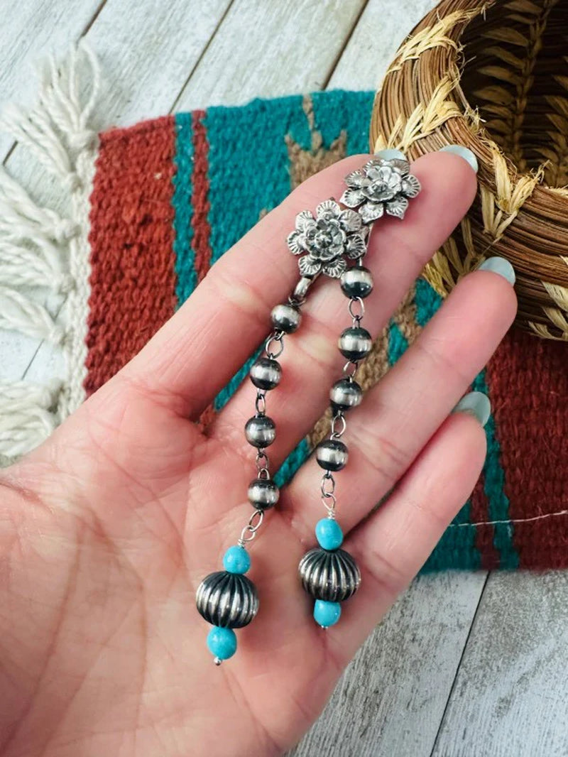 Navajo Turquoise & Sterling Silver Beaded Flower D