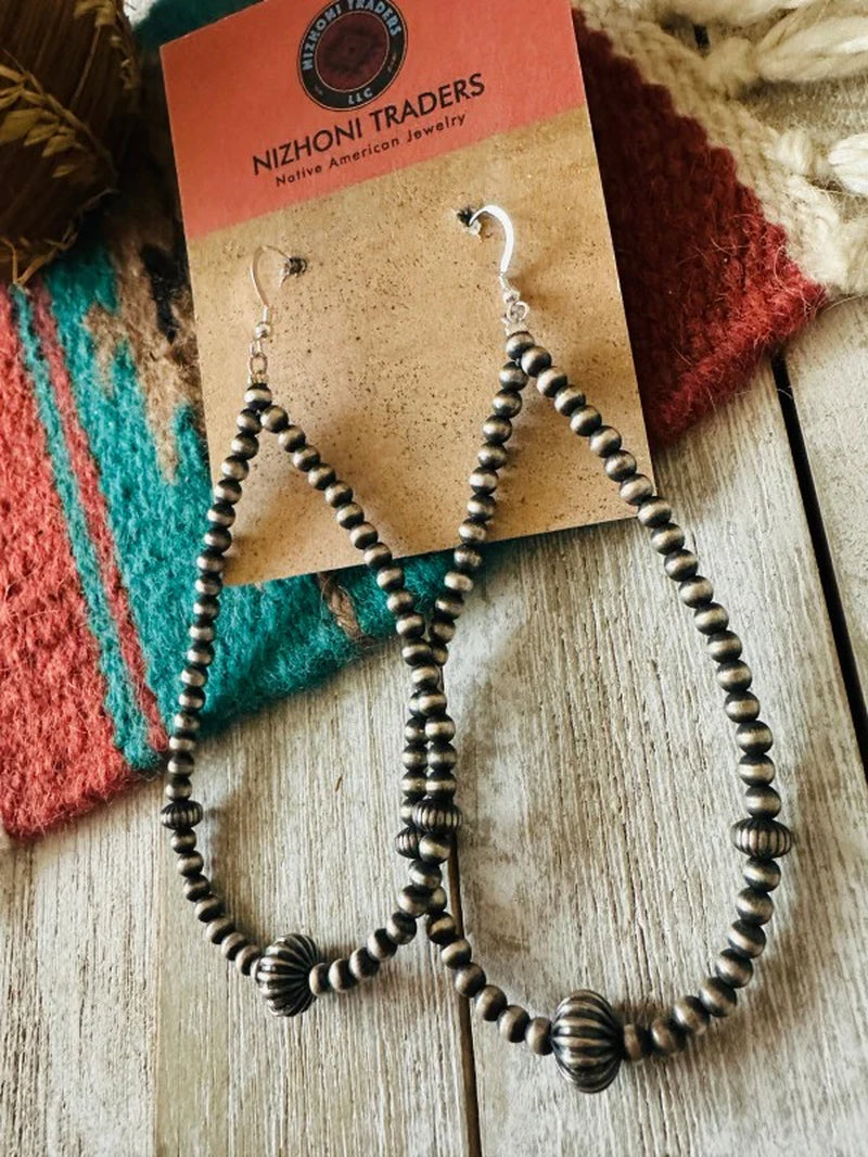 Navajo Sterling Silver Pearl Beaded Hoop Earrings