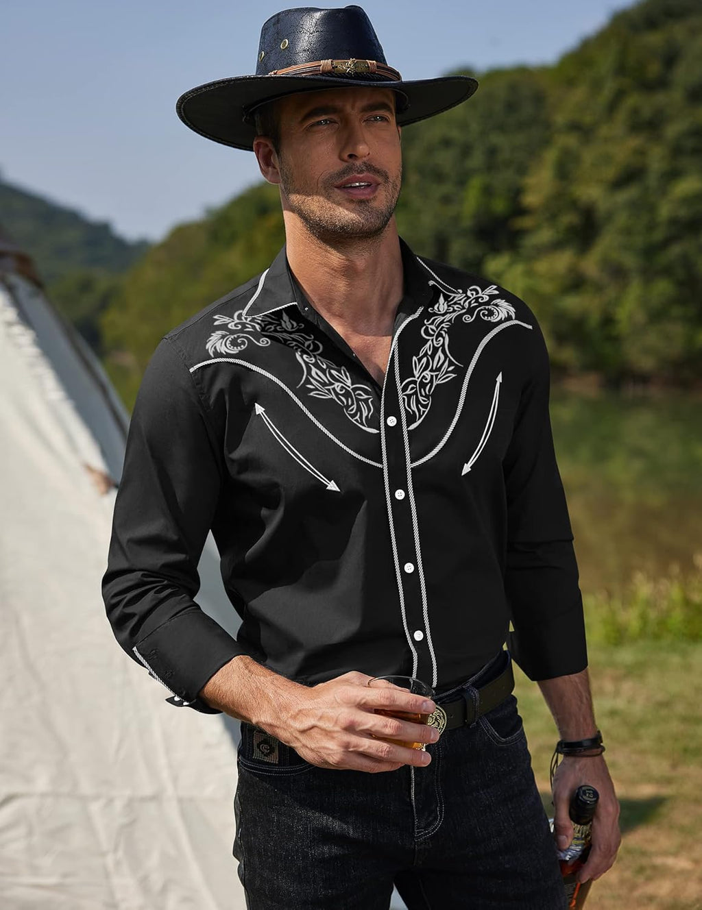 Men'S Western Cowboy Shirt Long Sleeve Slim Fit Rose Embroidered Cotton Casual Button down Shirts