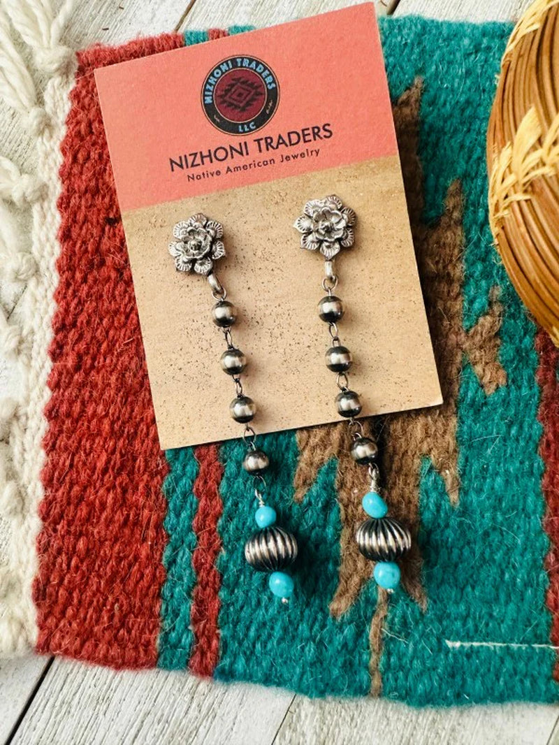 Navajo Turquoise & Sterling Silver Beaded Flower D