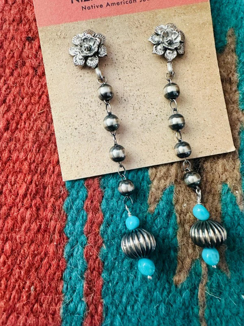 Navajo Turquoise & Sterling Silver Beaded Flower D