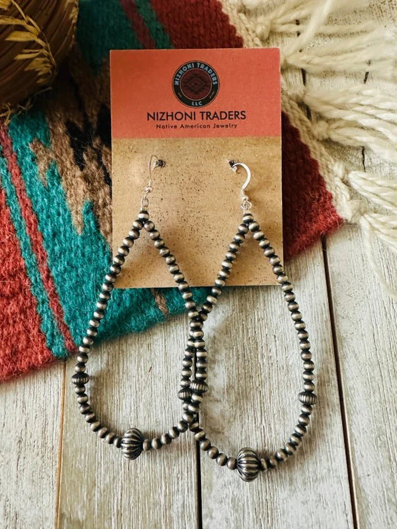 Navajo Sterling Silver Pearl Beaded Hoop Earrings